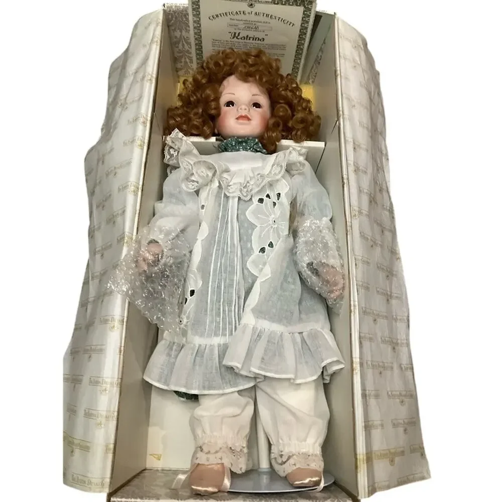 Vintage Katrina Porcelain Doll with Curly Hair in White Dress with Box